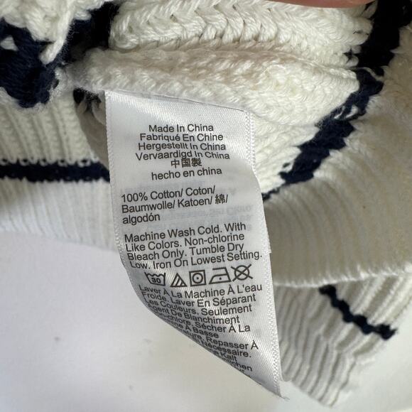 J.Crew Heritage Chunky Cotton Fisherman Crewneck Sweater SZ M Ivory Navy Striped - Picture 6 of 7